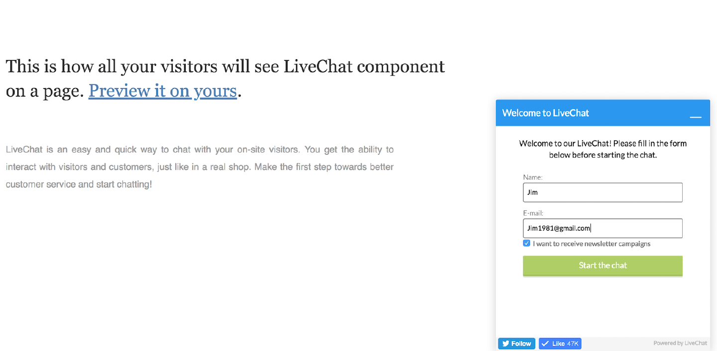 LiveChat with newsletter option