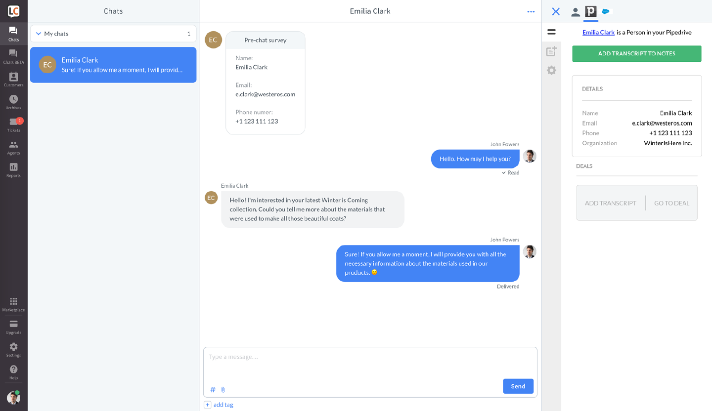 Pipedrive: add transcript to a Deal