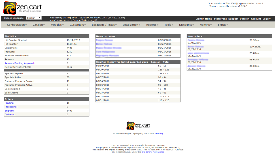 ZenCart dashboard