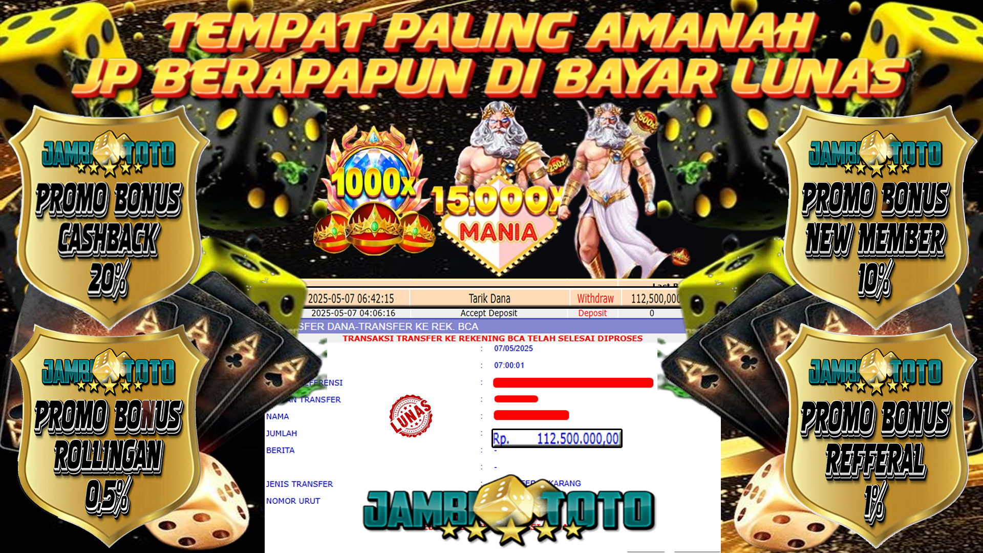 JAMBITOTO JACKPOT SLOT PRAGMATIC PLAY GATES OF OLYMPUS 15.000X MANIA Rp. 112,500,000,- LUNAS