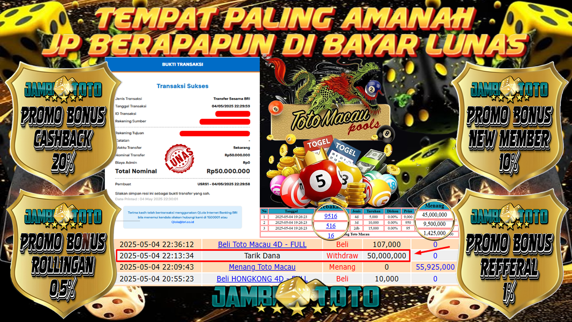 JAMBITOTO JACKPOT TOGEL TOTO MACAU 4D Rp. 50,000,000,- LUNAS