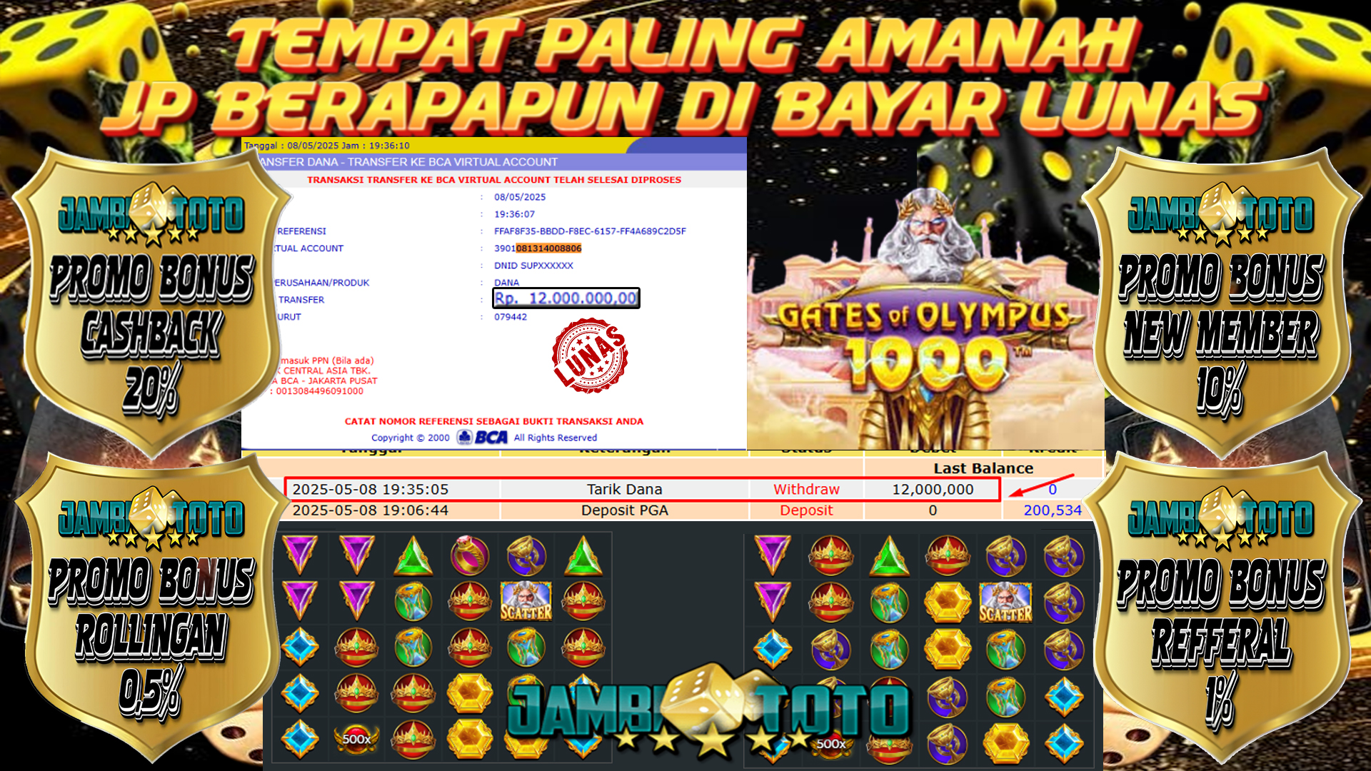 JAMBITOTO JACKPOT SLOT PRAGMATIC PLAY GATES OF OLYMPUS 1000 Rp. 12,000,000,- LUNAS