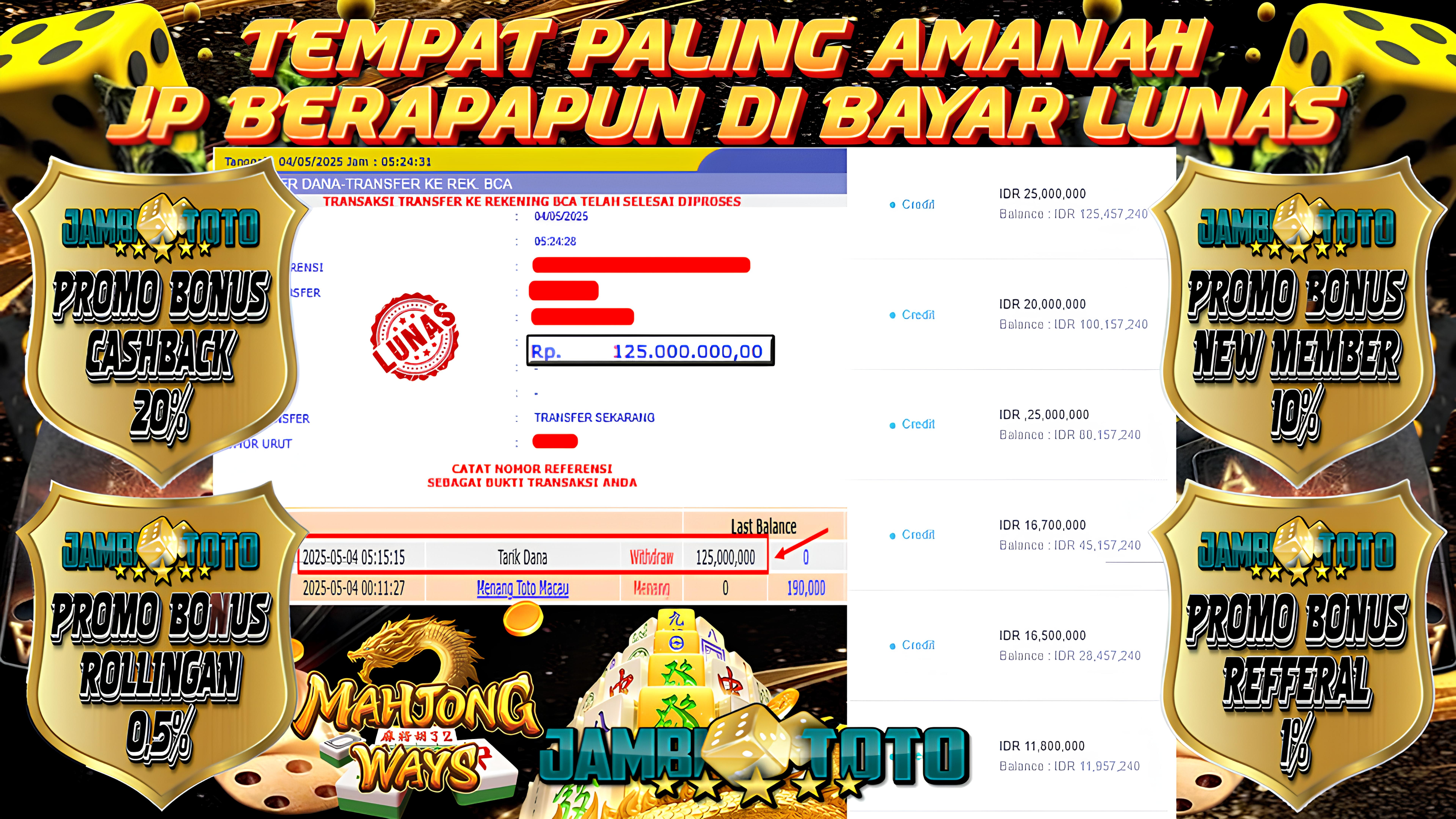 JAMBITOTO JACKPOT SLOT PG SOFT MAHJONG WAYS Rp. 125,000,000,- LUNAS