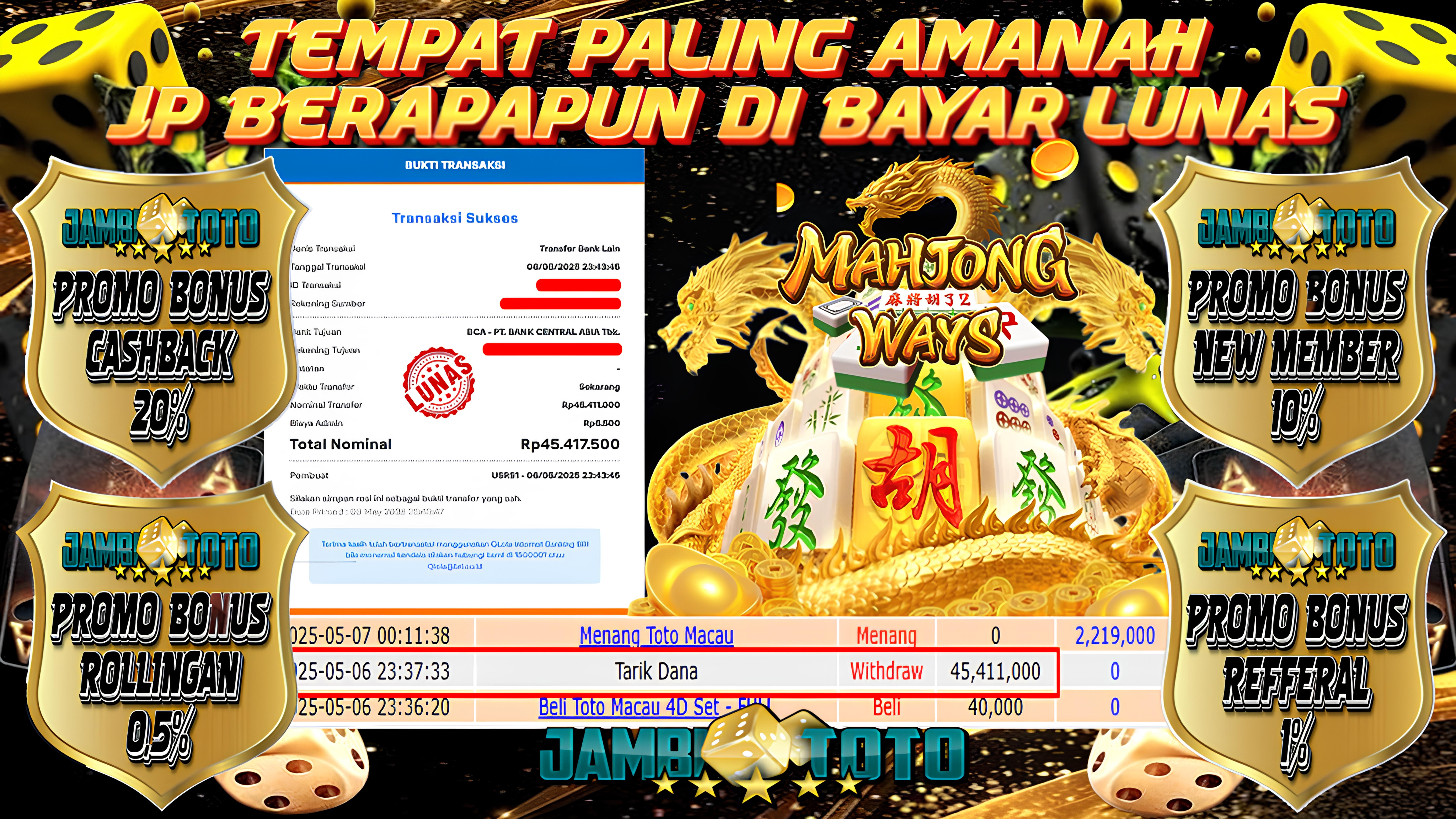 JAMBITOTO JACKPOT SLOT PG SOFT MAHJONG WAYS Rp. 45,417,500,- LUNAS