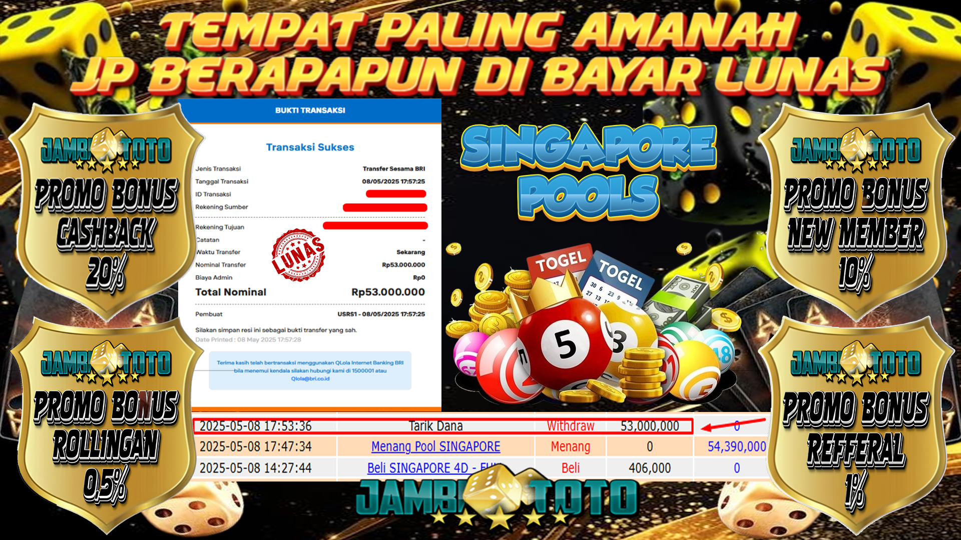 JAMBITOTO JACKPOT TOGEL SINGAPORE POOLS Rp. 53,000,000,- LUNAS