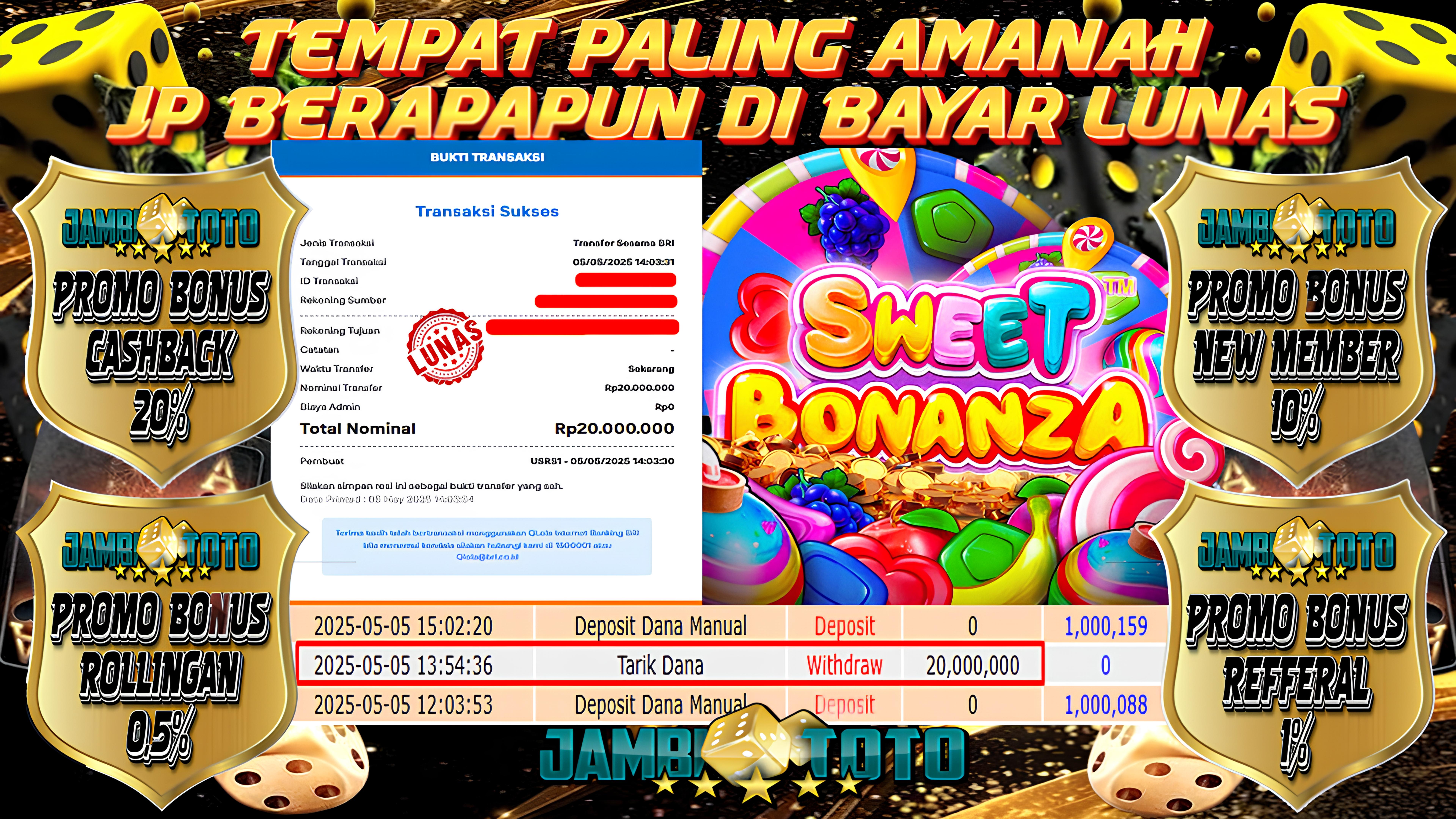 JAMBITOTO JACKPOT SLOT PRAGMATIC PLAY SWEET BONANZA Rp. 20,000,000,- LUNAS