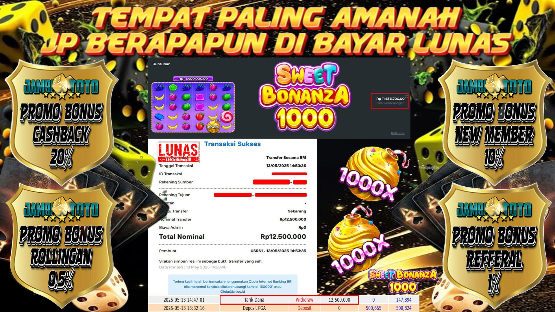 JAMBITOTO JACKPOT SLOT PRAGMATIC PLAY SWEET BONANZA 1000 Rp. 12,500,000,- LUNAS