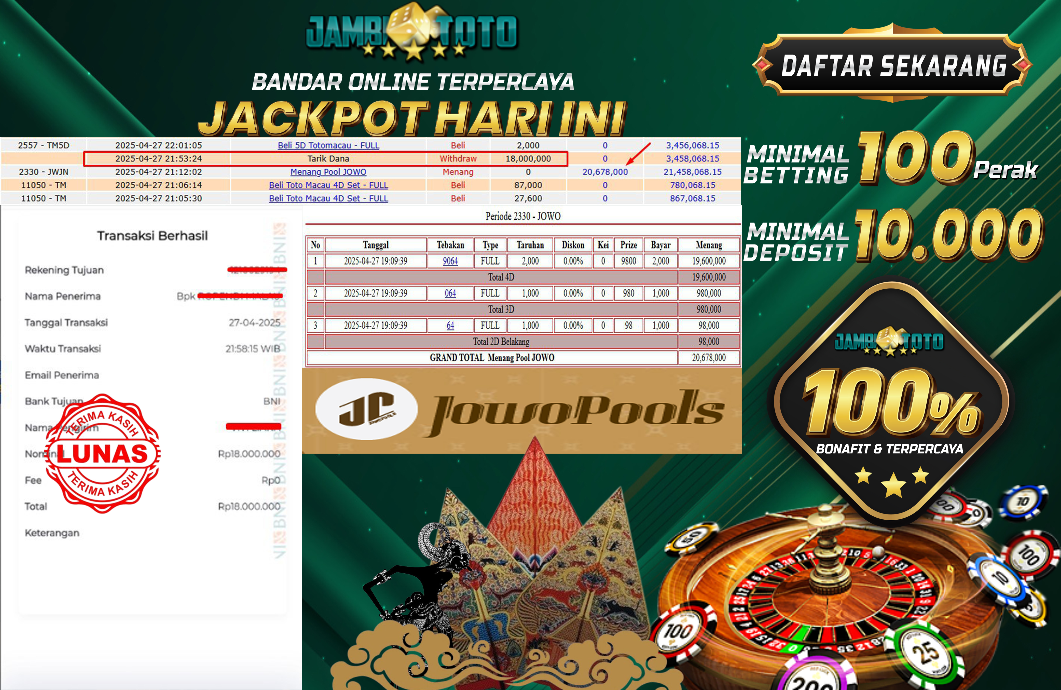 JAMBITOTO JACKPOT TOGEL JOWO POOLS 18.000.000,- LUNAS