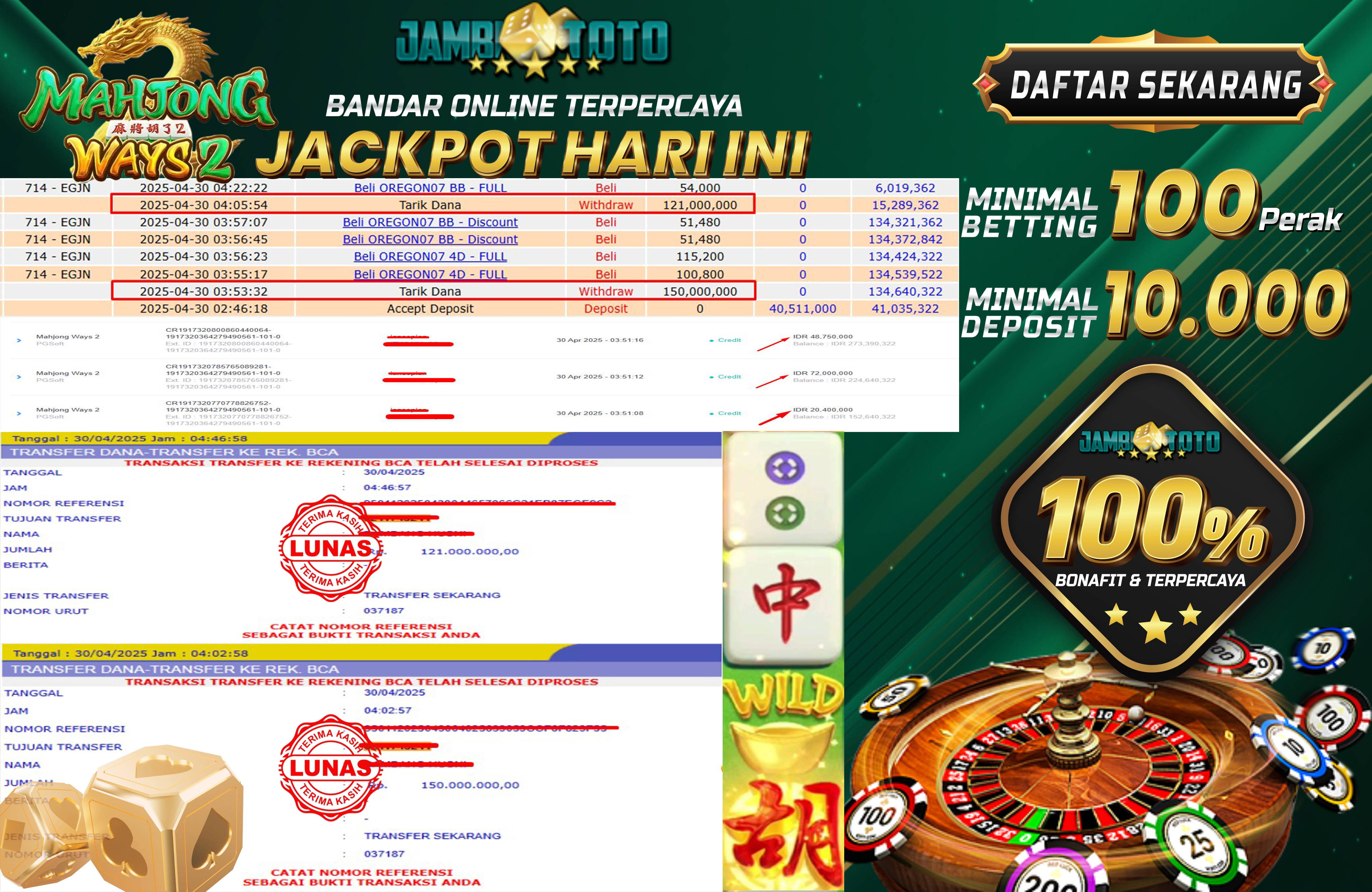 JAMBITOTO JACKPOT PG SOFT MAHJONG WAYS 2 271.000.000,- LUNAS