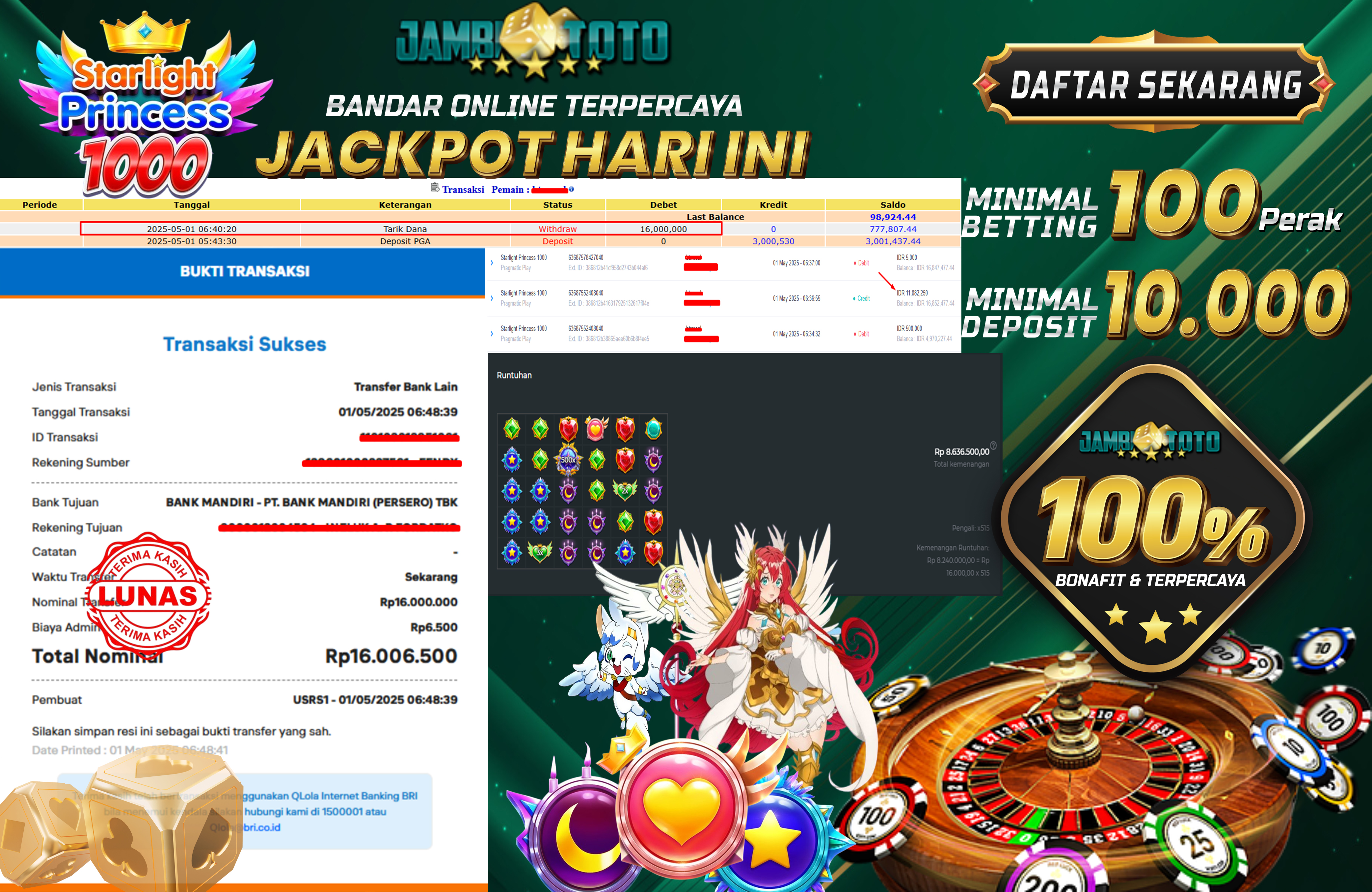 JAMBITOTO JACKPOT PRAGMATIC PLAY STARLIGHT PRINCESS 1000 16.000.000,- LUNAS
