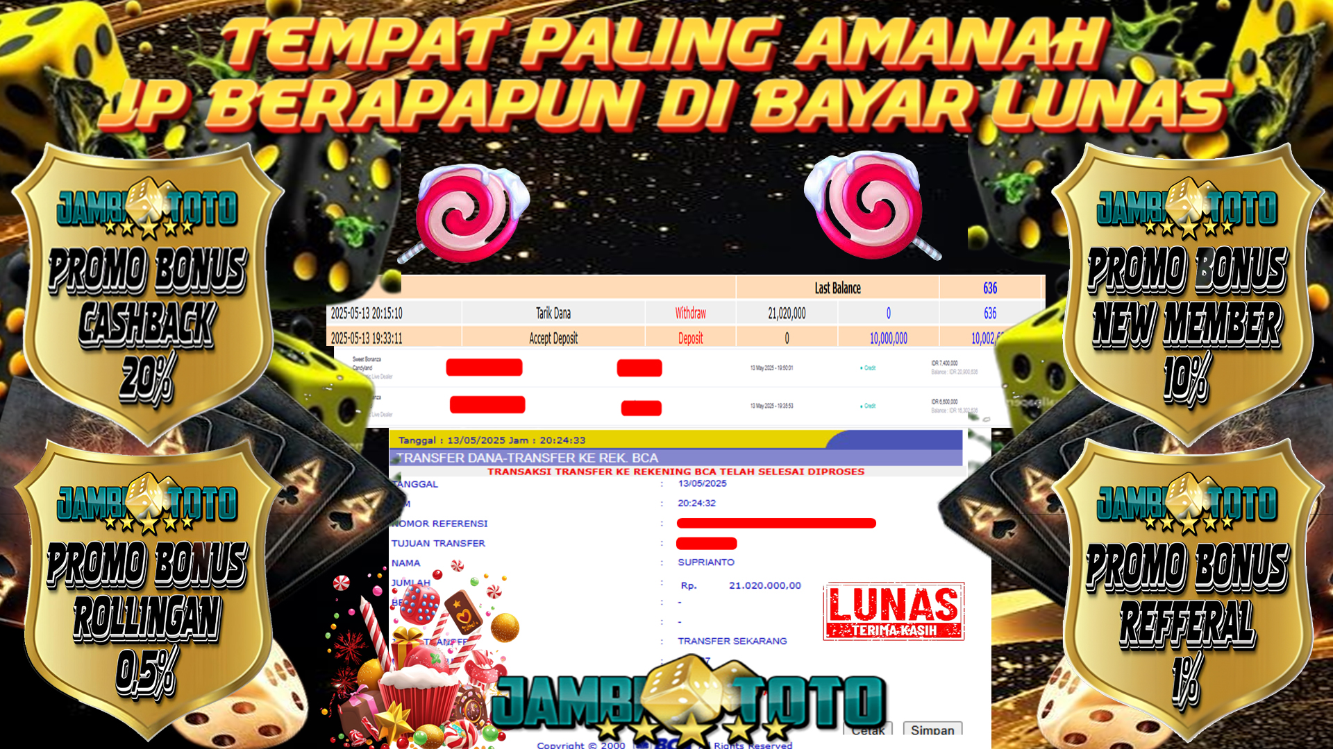 JAMBITOTO JACKPOT SLOT PRAGMATIC PLAY LIVE DEALER SWEET BONANZA CANDYLAND Rp. 21,020,000,- LUNAS