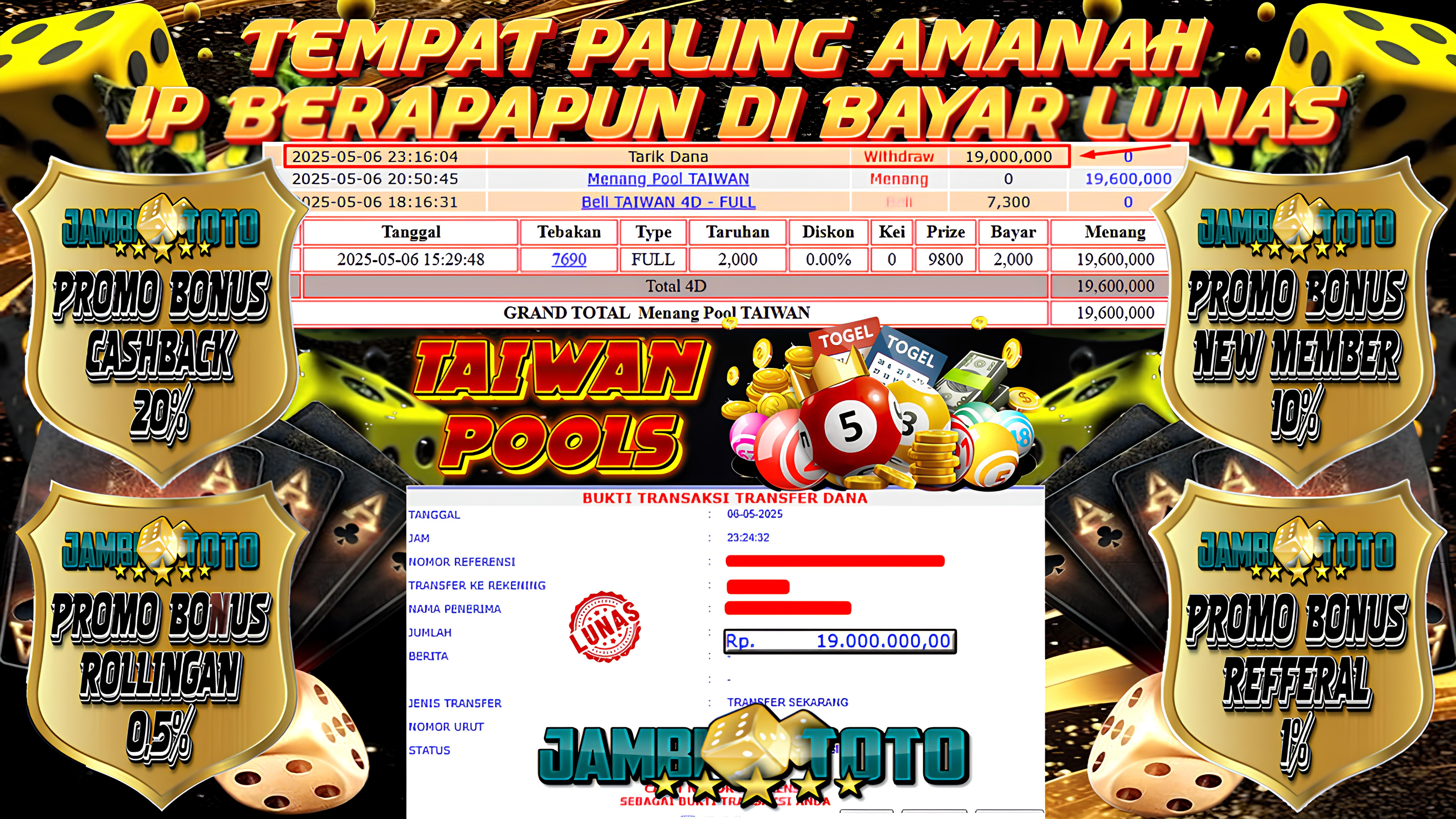 JAMBITOTO JACKPOT TOGEL TAIWAN POOLS Rp. 19,000,000,- LUNAS