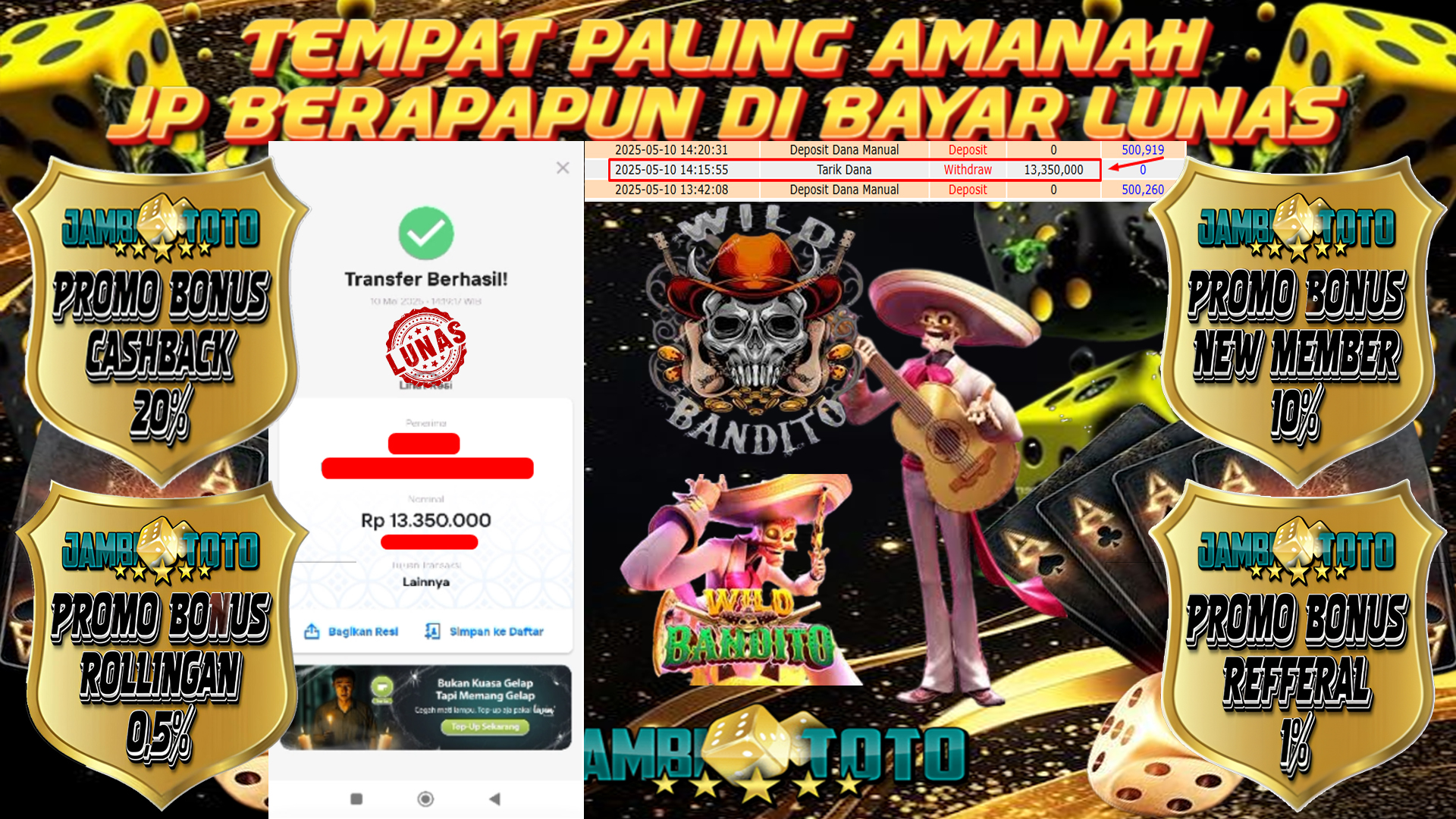 JAMBITOTO JACKPOT PRAGMATIC PLAY WILD BANDITO Rp. 13,350,000,- LUNAS