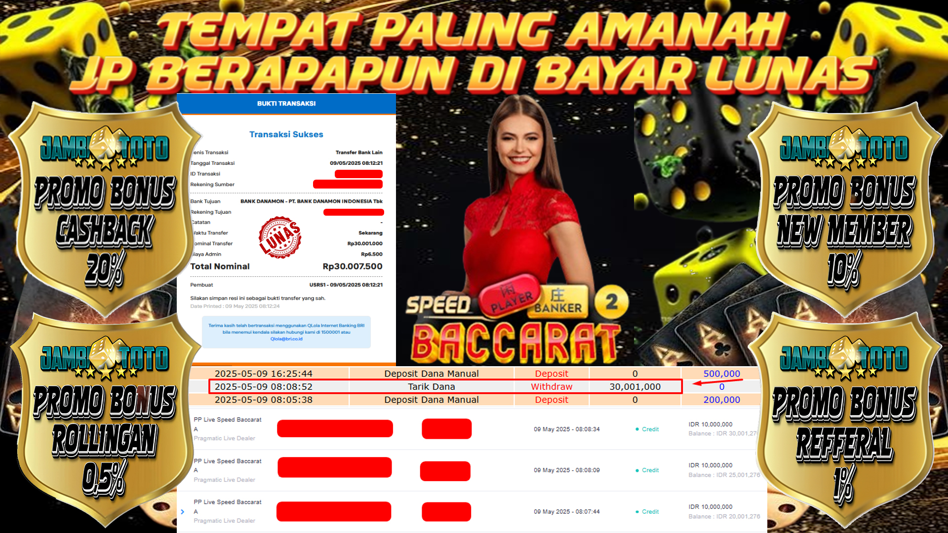 JAMBITOTO JACKPOT PRAGMATIC LIVE DEALER SPEED BACCARAT Rp. 30,007,500,- LUNAS