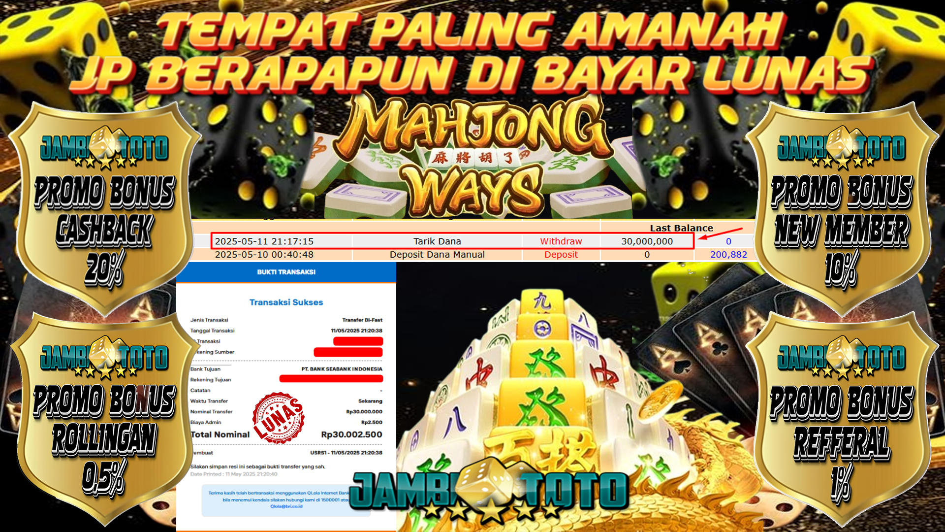 JAMBITOTO JACKPOT PG SOFT MAHJONG WAYS Rp. 30,000,000,- LUNAS