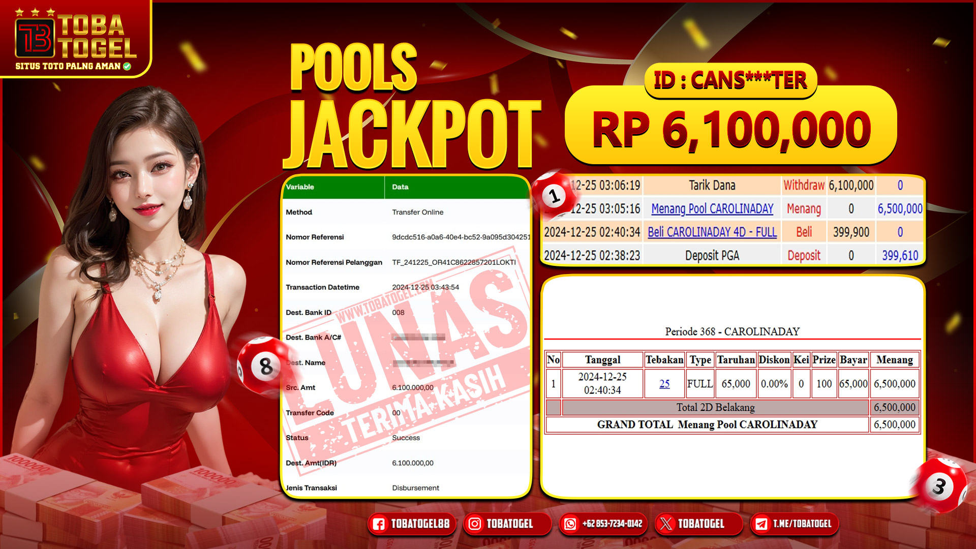TOBATOGEL - JACKPOT TOGEL CAROLINADAY 6.1 JUTA LUNAS ✅