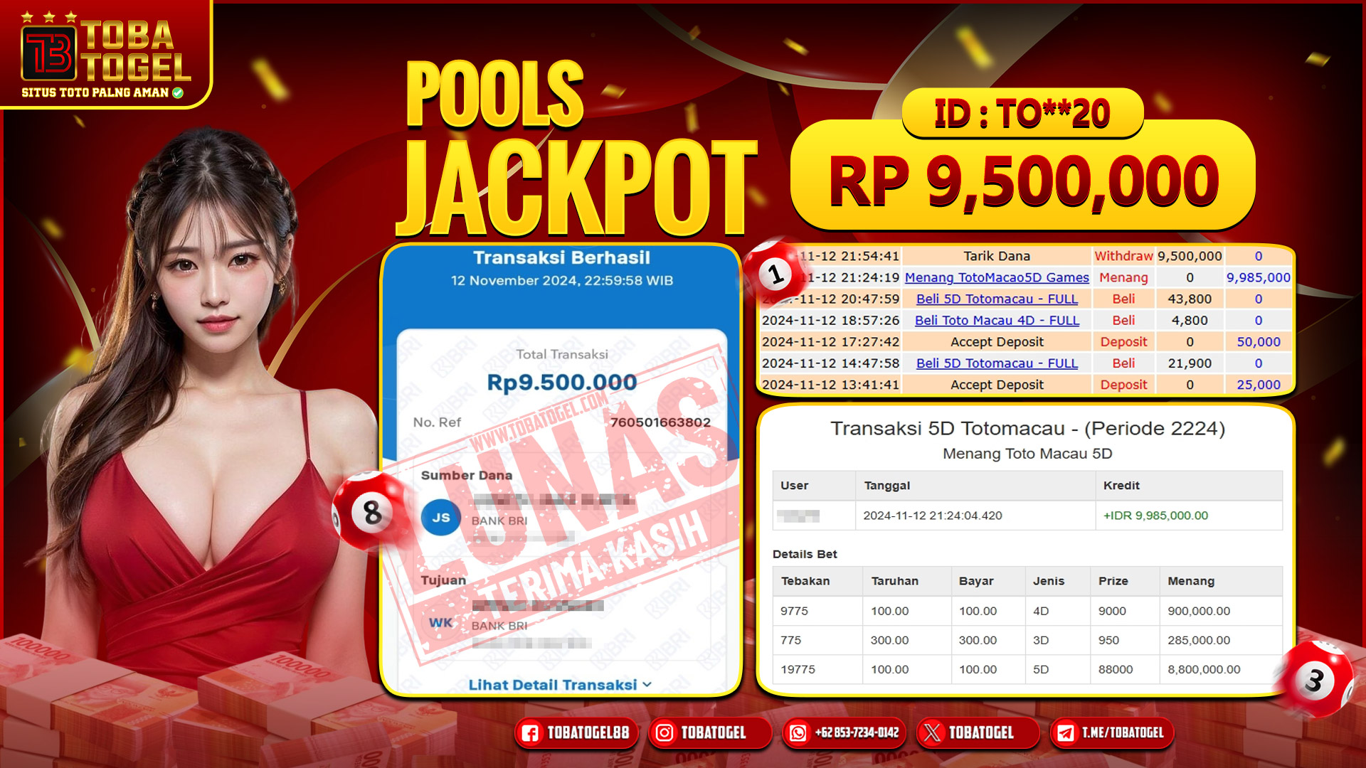 TOBATOGEL - JACKPOT TOGEL TOTOMACAU 5D 9.5 JUTA LUNAS ✅