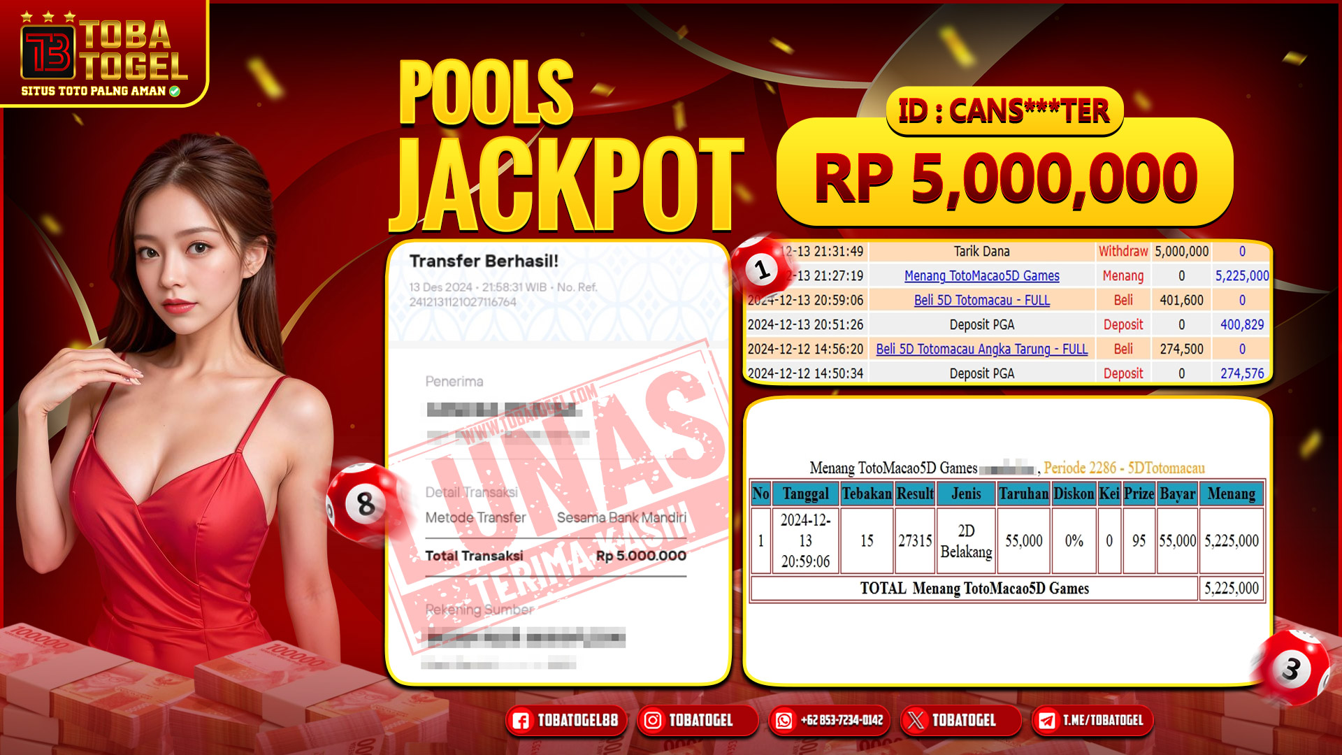 TOBATOGEL - JACKPOT TOGEL TOTOMACAU 5D 5 JUTA LUNAS ✅
