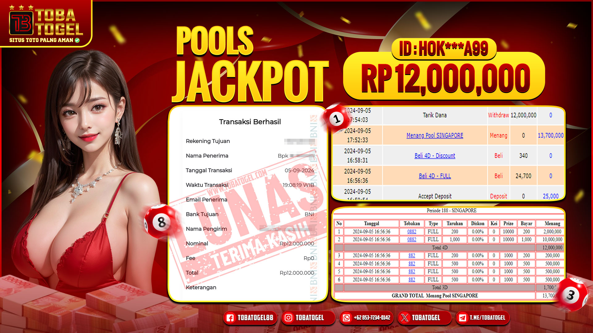 TOBATOGEL - JACKPOT TOGEL SINGAPORE 12 JUTA LUNAS ✅