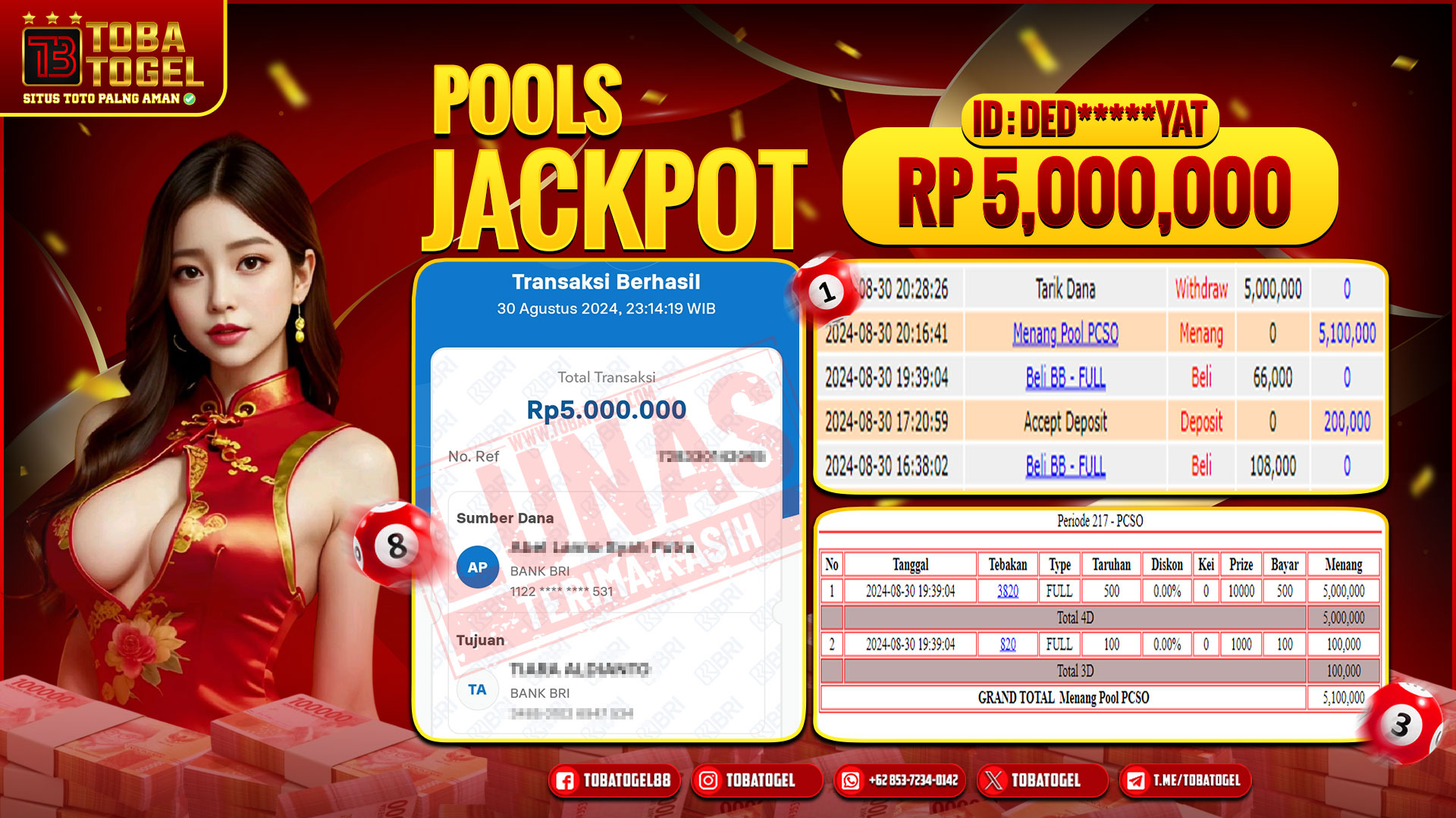TOBATOGEL - JACKPOT TOGEL PCSO 5 JUTA LUNAS ✅
